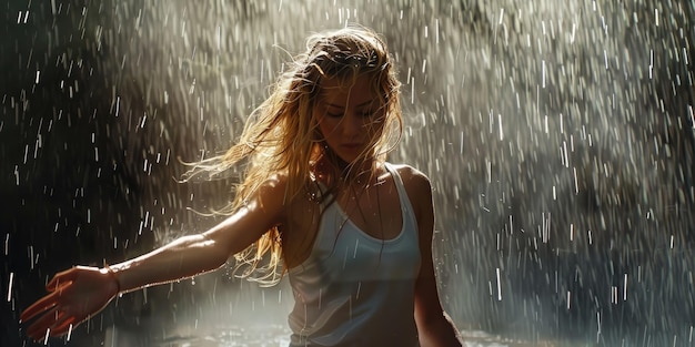 Woman in white tank top dances in pouring rain