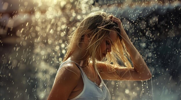 白いタンクトップを着た女性が雨の中で踊る