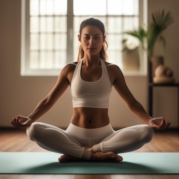 a woman in a white tank top is doing yoga