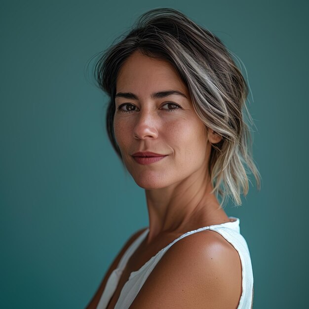 A woman in a white tank top posing for the camera