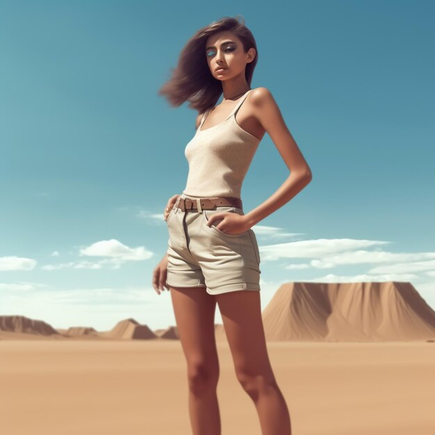 A woman in a white tank top and shorts stands in the desert