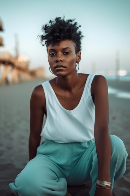 Photo a woman in a white tank top sits on a beach