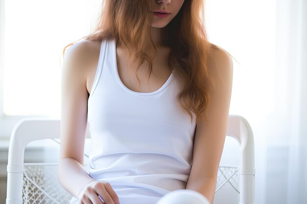 Photo a woman in a white tank top sits in a chair with a white shirt on it