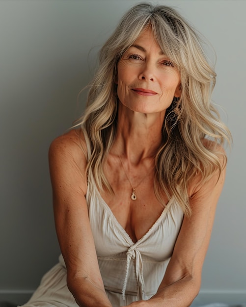 A woman in a white tank top sitting on a bed