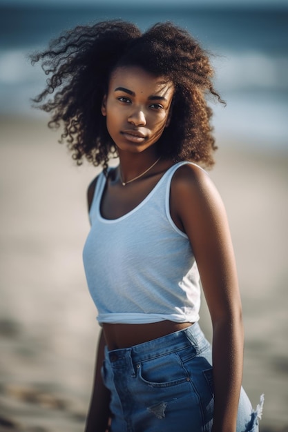 A woman in a white tank top stands on a beach