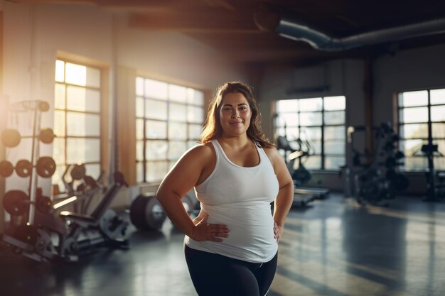 A woman in a white tank top stands in a gym