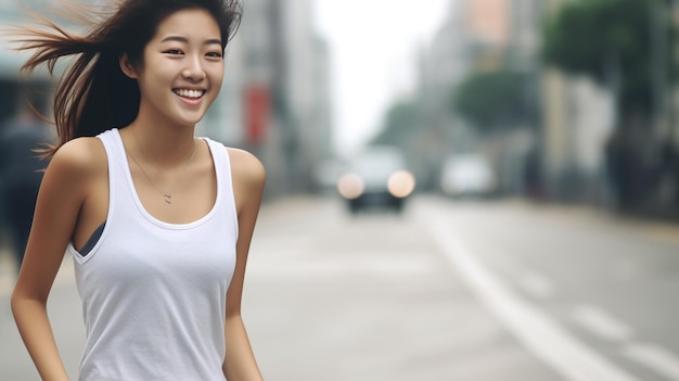 Photo a woman in a white tank top walks down a street.