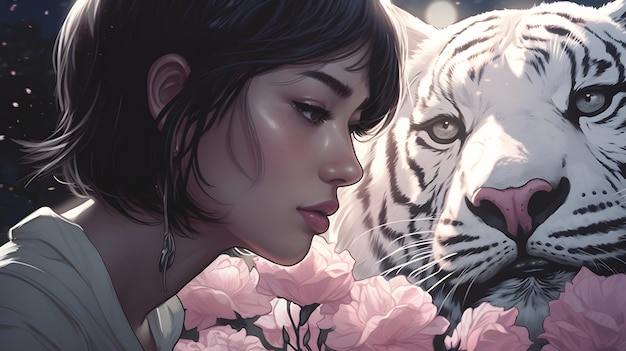 A woman and a white tiger