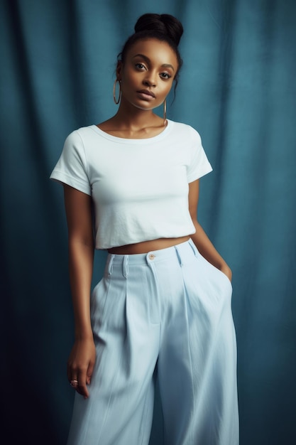 A woman in a white top and blue pants stands in front of a blue backdrop.