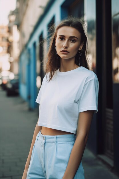 A woman in a white top and blue pants stands on a street.