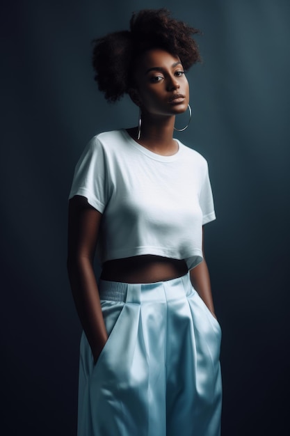 A woman in a white top and blue skirt stands in front of a dark background.