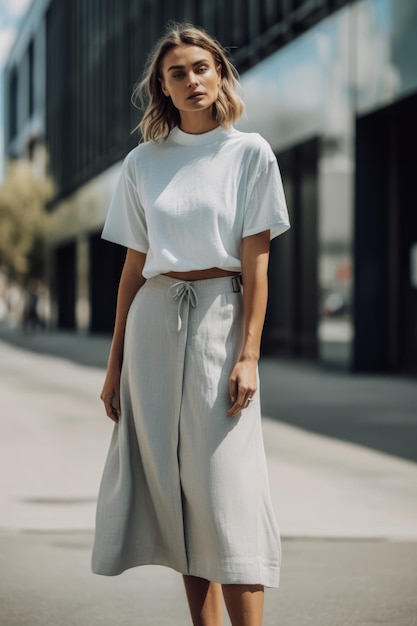 A woman in a white top and a grey hat stands in the street.