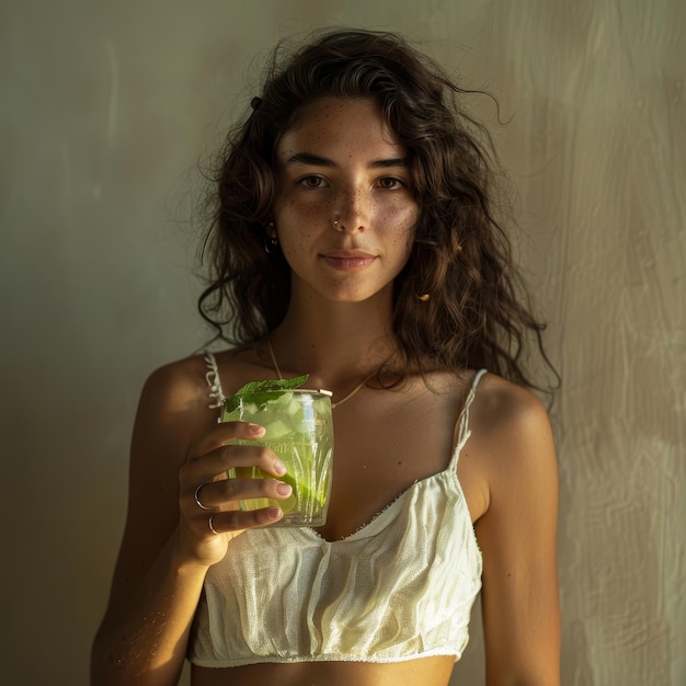 Woman in White Top Holding Drink