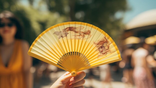 Photo woman in white top holding yellow fan