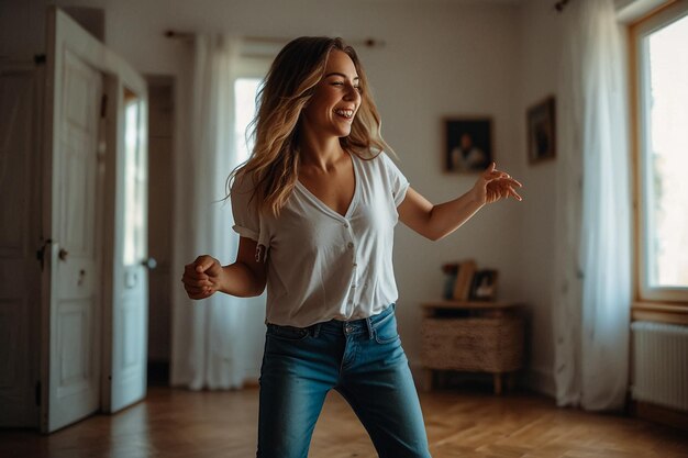 Foto una donna con una maglietta bianca sta ballando in una stanza con una finestra e un libro sulla parete