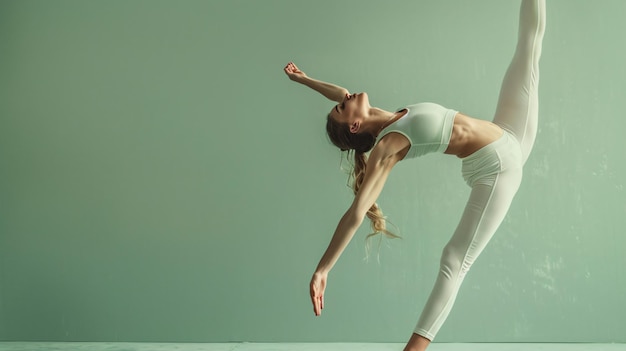 Photo a woman in a white top is doing yoga in front of a wall that says quot she is doing yoga quot