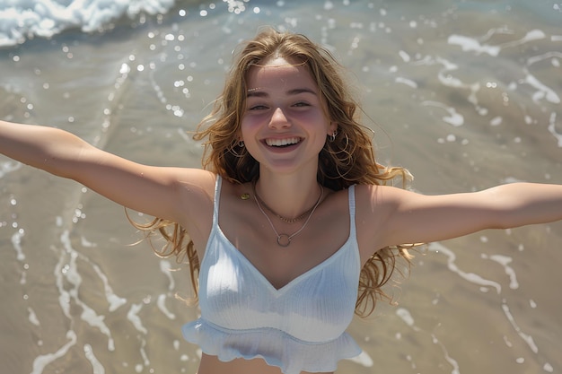 A woman in a white top is standing in the water at the beach and smiling at the camera with her arms