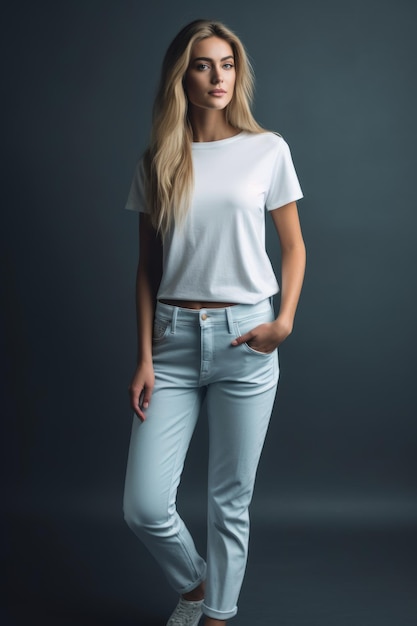 A woman in a white top and jeans stands against a dark background