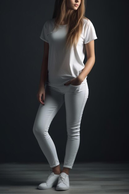 A woman in a white top and jeans stands in a dark room.