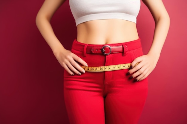 A woman in a white top and red pants with a tape measure on her waist.