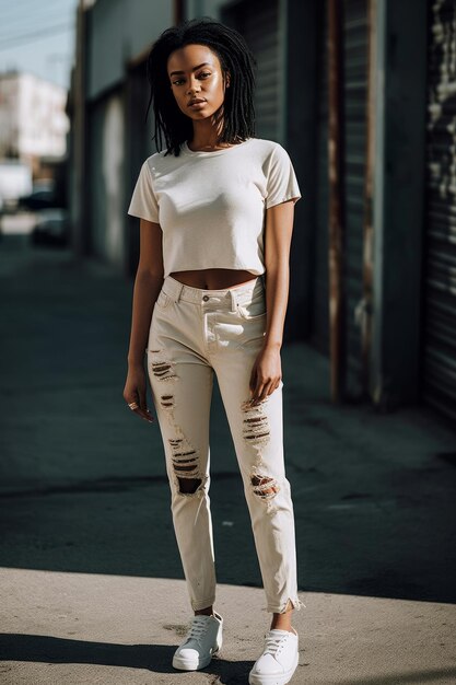 A woman in a white top and ripped jeans stands on a street.