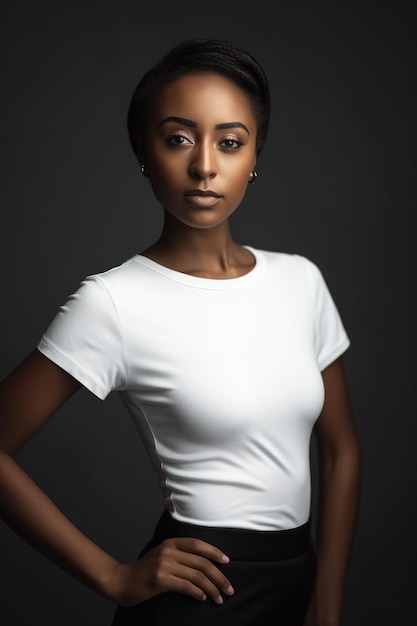 A woman in a white top and skirt stands in a dark room.