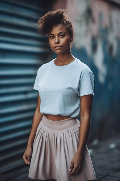 A woman in a white top and skirt stands in front of a wall