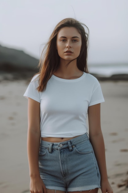 A woman in a white top stands on a beach wearing a white t - shirt that says'i'm a girl '