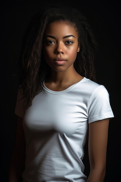 A woman in a white top stands in front of a black background.