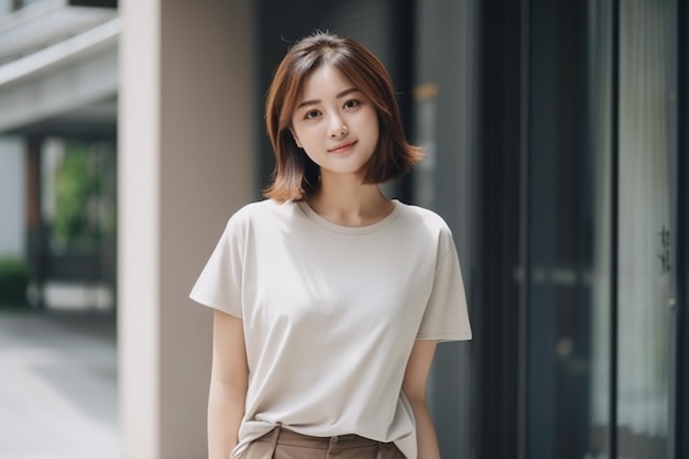 A woman in a white top stands in front of a building.