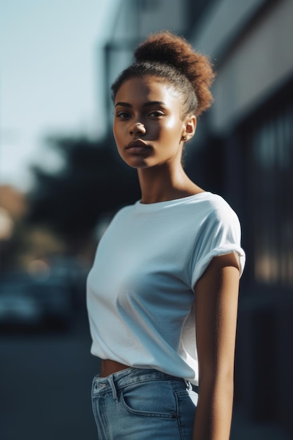 A woman in a white top stands in the street and wears a white top.