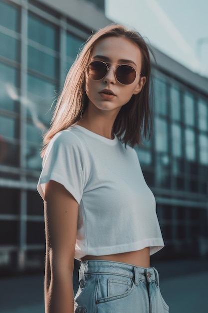 A woman in a white top and sunglasses stands in front of a building.