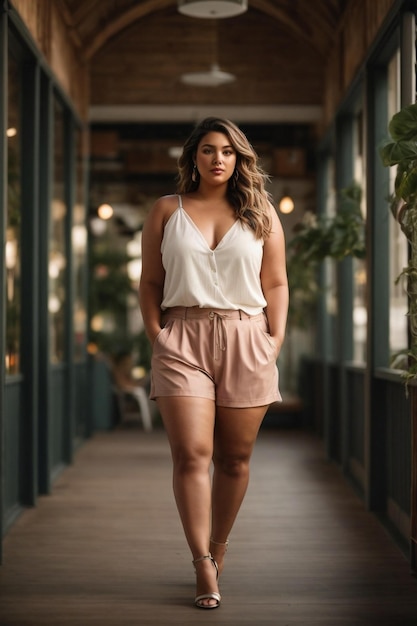 a woman in a white top walks down a hallway.