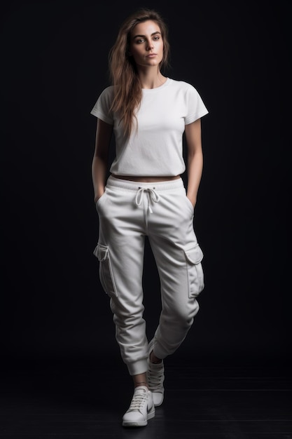 A woman in a white top and white pants stands against a black background