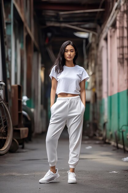 A woman in a white top and white pants stands in an alley.