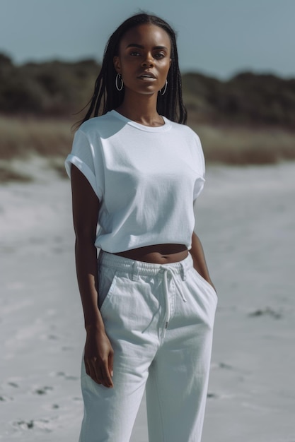 A woman in a white top and white pants stands on a beach.
