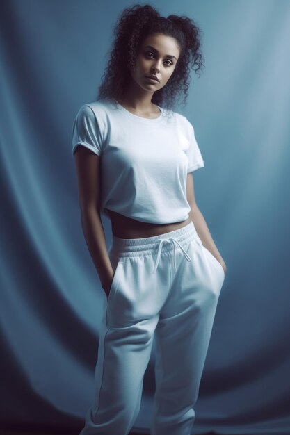 A woman in a white top and white pants stands in front of a blue background.