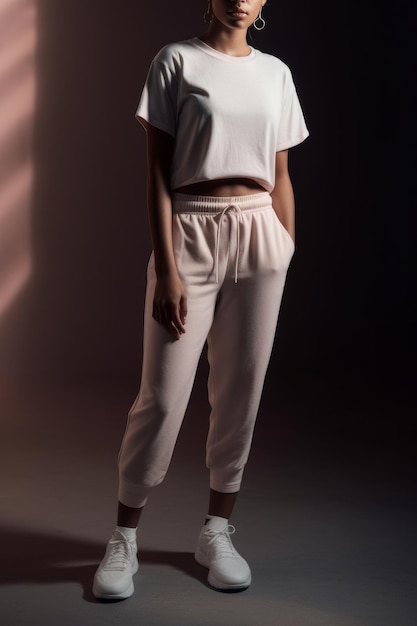 A woman in a white top and white pants stands in front of a pink wall.