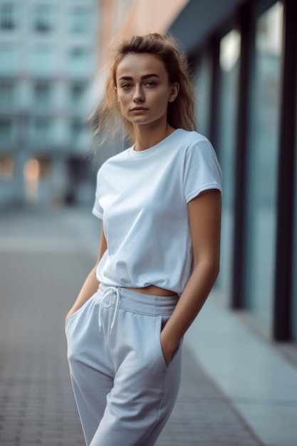 A woman in a white top and white pants stands on a street.