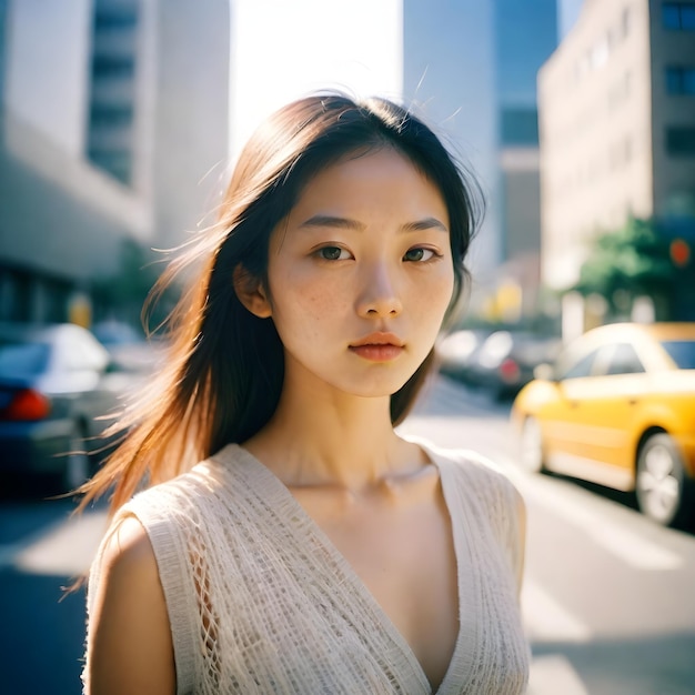 a woman in a white top and a white shirt is standing in front of a yellow taxi