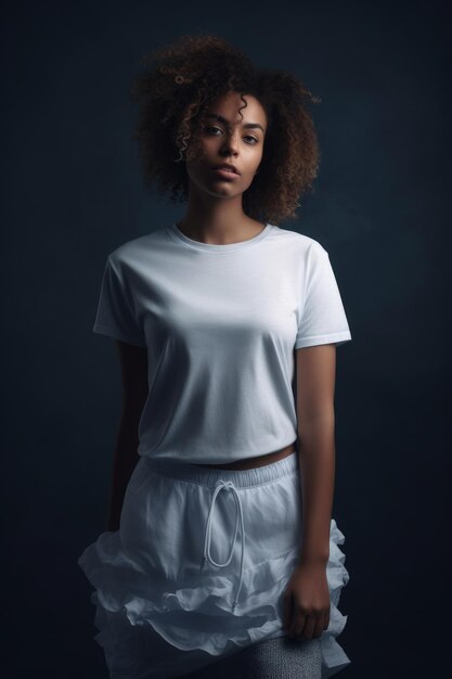 A woman in a white top and white skirt stands in a dark room