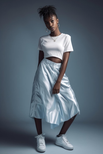 A woman in a white top and a white top stands in front of a grey background.