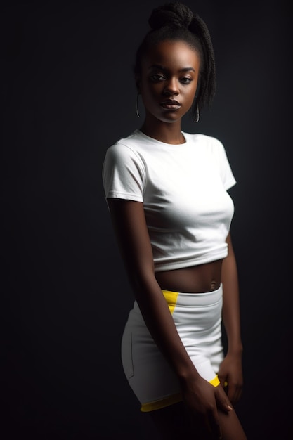 A woman in a white top and a yellow ribbon on her waist