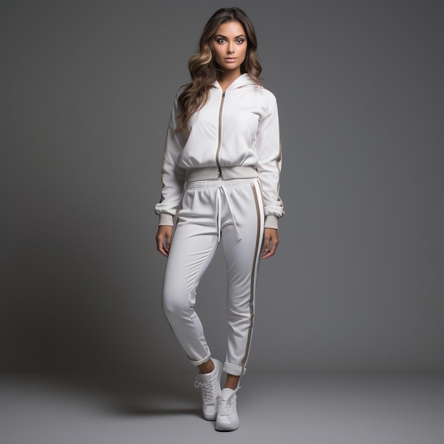 A woman in a white tracksuit posing for a picture