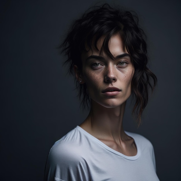 woman in a white Tshirt on a gray background