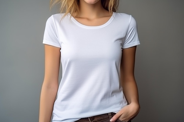 Мокап женщины в белой футболке, созданный с помощью генеративного искусственного интеллекта