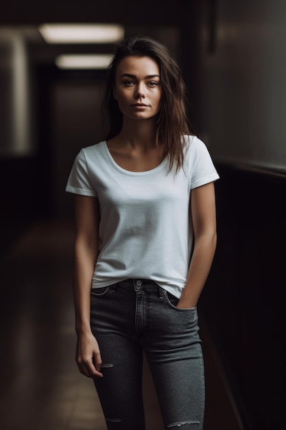 A woman in a white tshirt