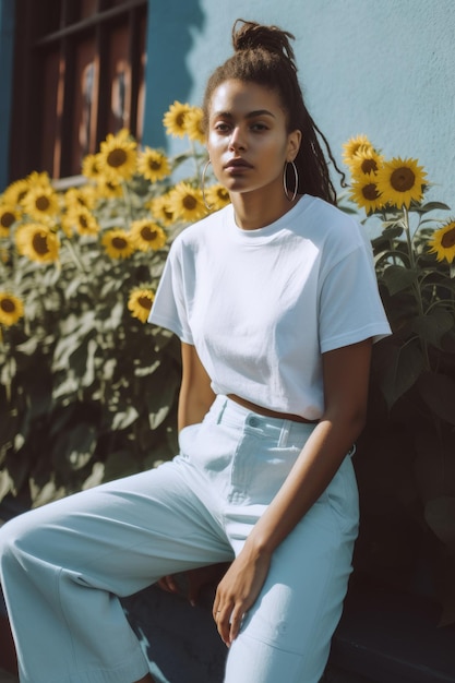 A woman in a white tshirt