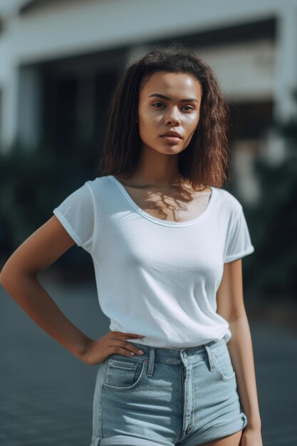 Photo a woman in a white tshirt