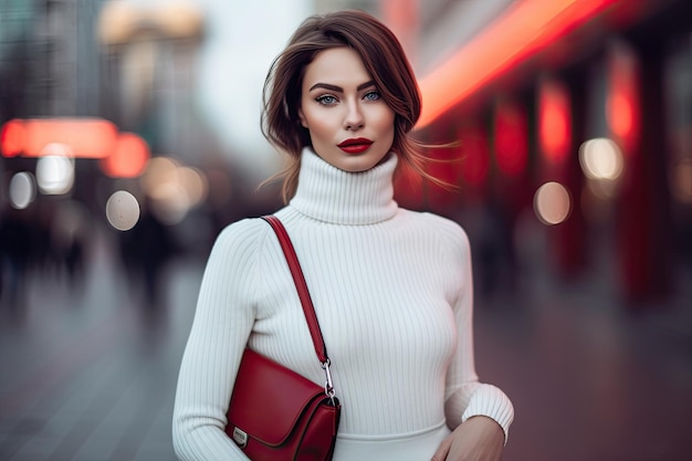 Photo a woman in a white turtleneck and a red bag